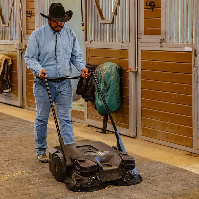 30" Battery Powered Push Sweeper with Triple Power Brooms Electric Drive and Dust Suppression Sprayer by Tomahawk Power