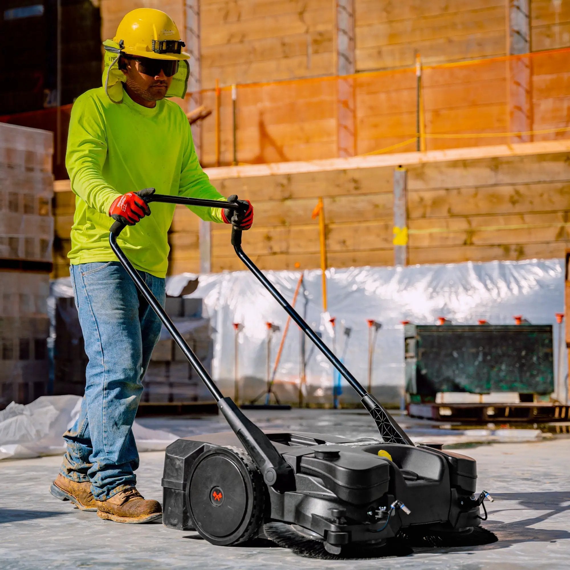 30" Battery Powered Push Sweeper with Triple Power Brooms Electric Drive and Dust Suppression Sprayer by Tomahawk Power