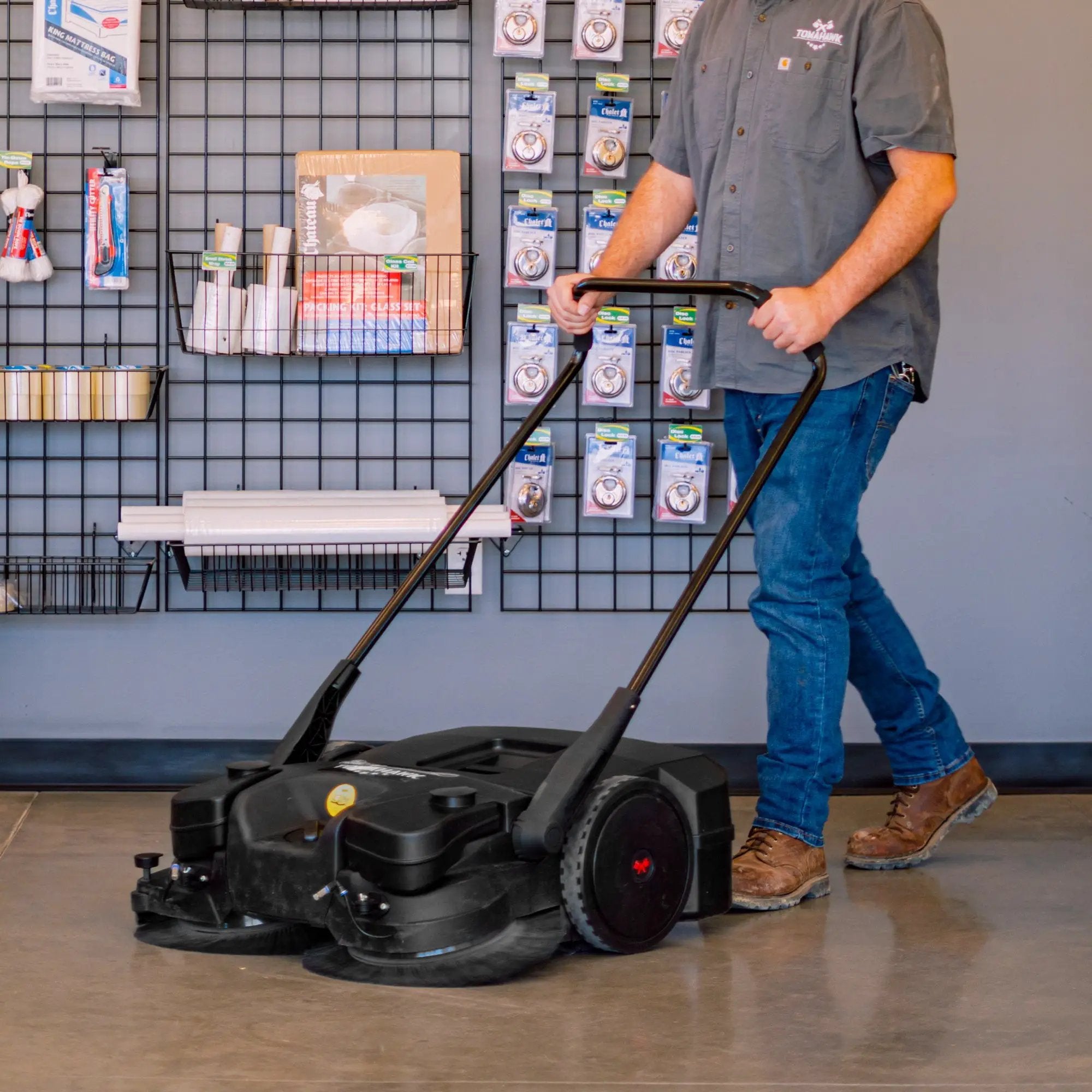 30" Battery Powered Push Sweeper with Triple Power Brooms Electric Drive and Dust Suppression Sprayer by Tomahawk Power