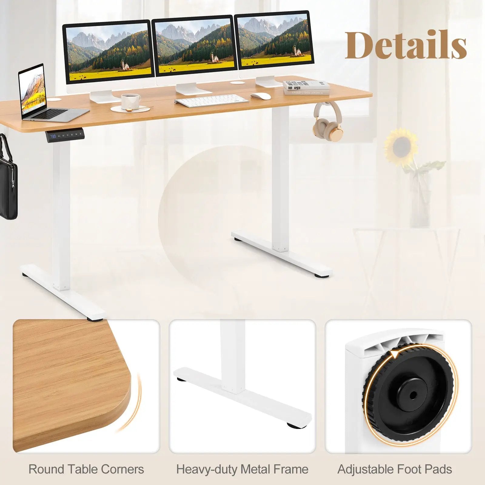 Electric Standing Desk with 3 Memory Heights and 2 Hanging Hooks and Cable Holes by DirectDeals