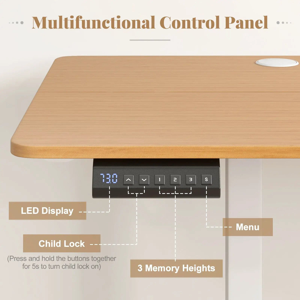 Electric Standing Desk with 3 Memory Heights and 2 Hanging Hooks and Cable Holes, photo 8 of 11