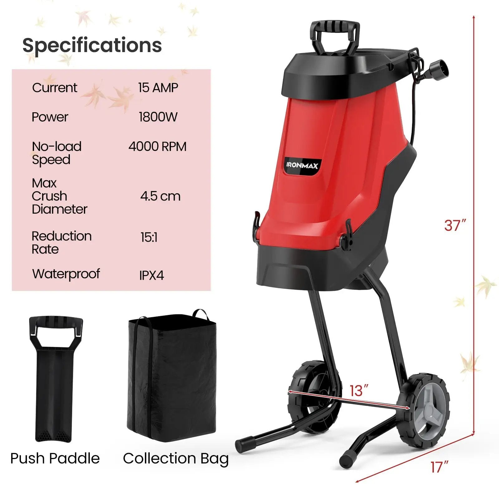 15-AMP Electric Wood Chipper and Shredder Leaf Mulcher with Wheels-Red by DirectDeals