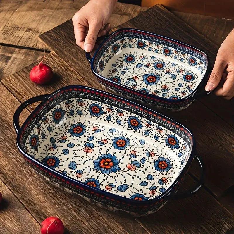 [Elegant Bohemian Baking Dishes] 2pcs Elegant Bohemian Porcelain Baking Dishes - 13-inch Large Rectangular Baker Set | Oven-Safe Casserole & Pie Pan, Versatile Ceramic Roaster | Mother's Day Gift for Home Chefs, Kitchen Essen by House Of Avana