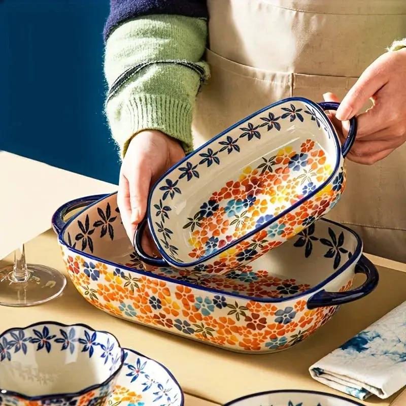 [Elegant Bohemian Baking Dishes] 2pcs Elegant Bohemian Porcelain Baking Dishes - 13-inch Large Rectangular Baker Set | Oven-Safe Casserole & Pie Pan, Versatile Ceramic Roaster | Mother's Day Gift for Home Chefs, Kitchen Essen by House Of Avana
