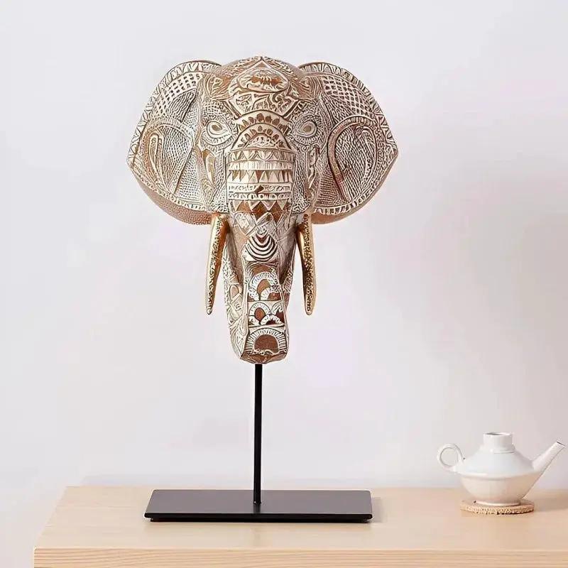 Tribal Elephant Head Wall Sculpture on Stand for Modern Home Decor by House Of Avana