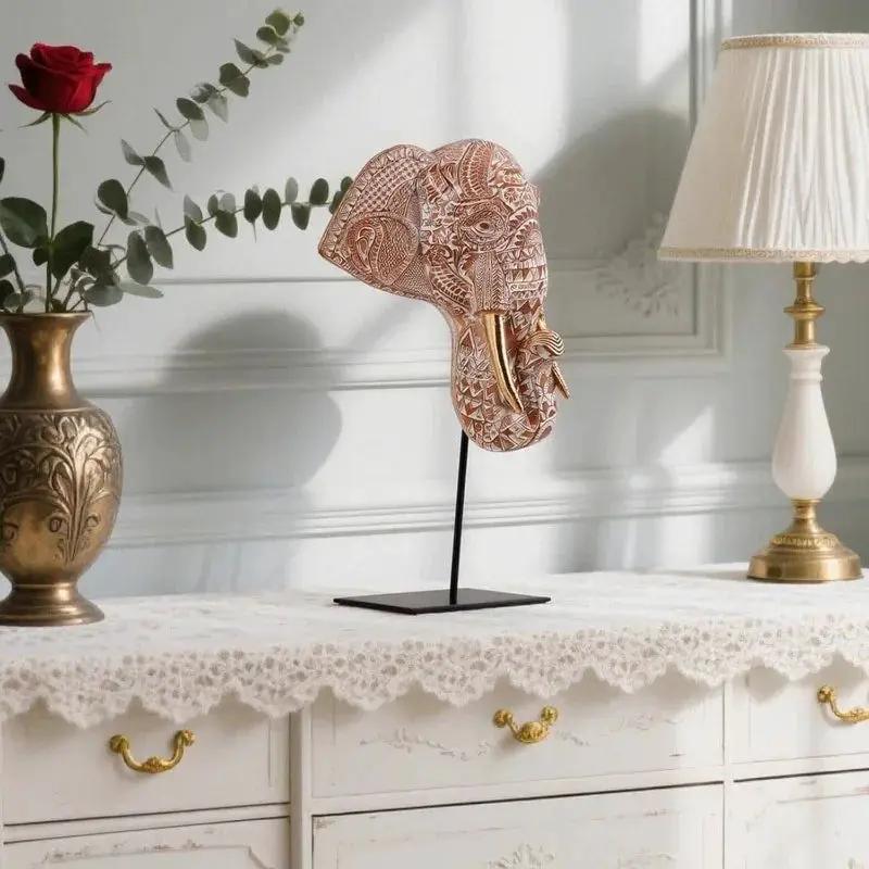 Tribal Elephant Head Wall Sculpture on Stand for Modern Home Decor by House Of Avana