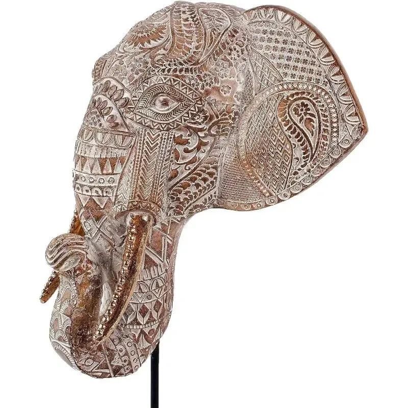 Tribal Elephant Head Wall Sculpture on Stand for Modern Home Decor by House Of Avana