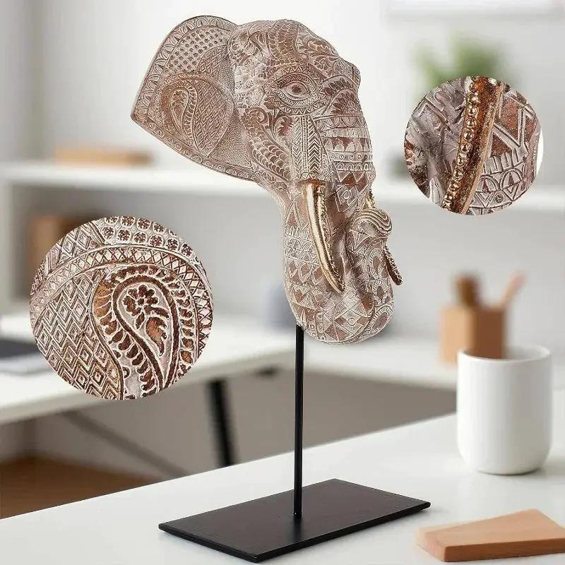 Tribal Elephant Head Wall Sculpture on Stand for Modern Home Decor by House Of Avana
