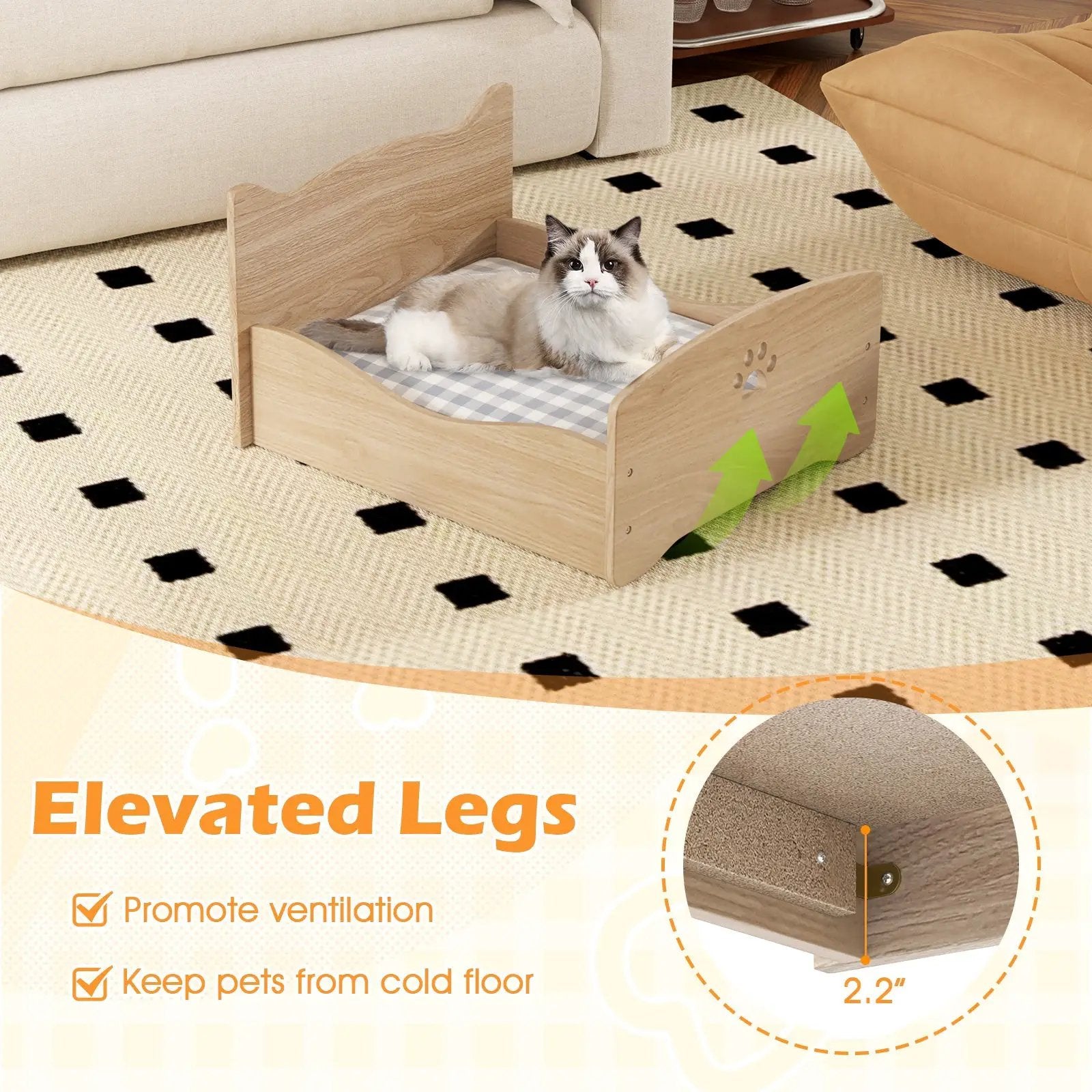 Elevated Pet Bed Frame with Rails and Cute Headboards-Walnut by DirectDeals