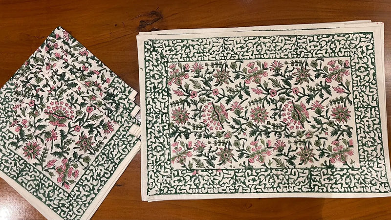 Emerald Green & Pink All-Over Floral Table Linen Set – 13 Piece | Hand Block Printed Cotton | Runner, Placemats & Napkins by House Of Avana