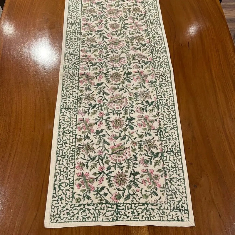 Emerald Green & Pink All-Over Floral Table Linen Set – 13 Piece | Hand Block Printed Cotton | Runner, Placemats & Napkins by House Of Avana