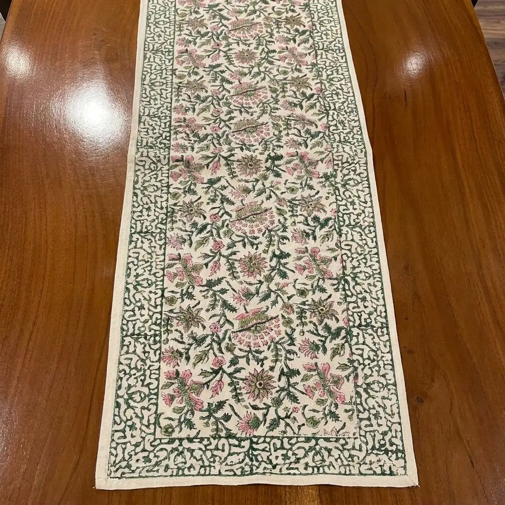 Emerald Green & Pink All-Over Floral Table Linen Set – 13 Piece | Hand Block Printed Cotton | Runner, Placemats & Napkins by House Of Avana