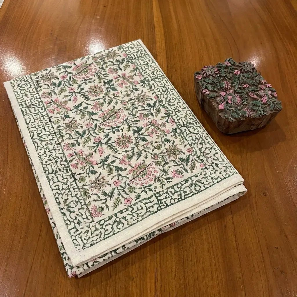Emerald Green & Pink All-Over Floral Table Linen Set – 13 Piece | Hand Block Printed Cotton | Runner, Placemats & Napkins by House Of Avana