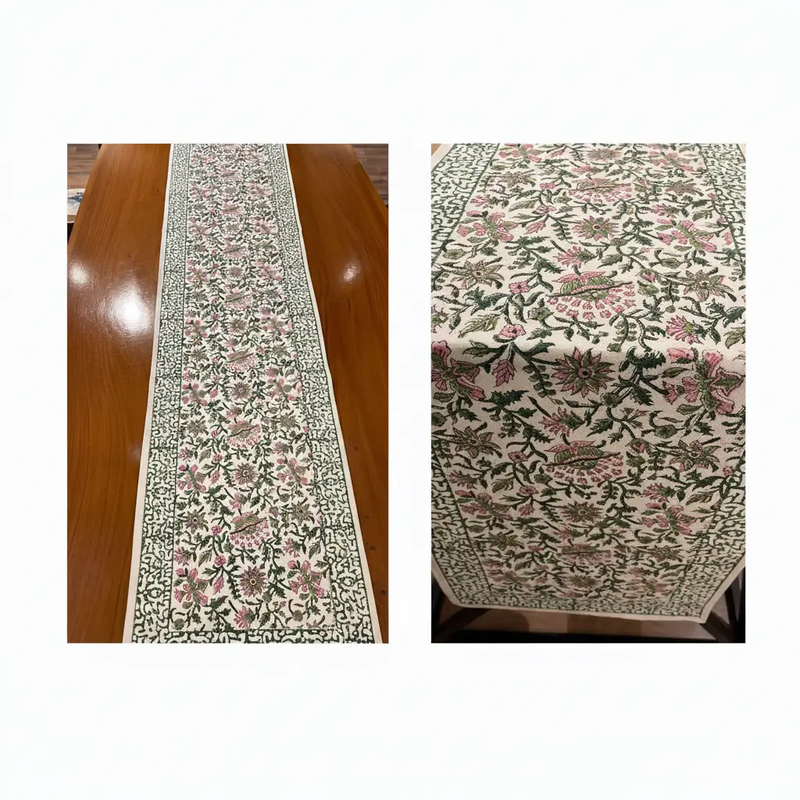 Emerald Green & Pink All-Over Floral Table Linen Set – 13 Piece | Hand Block Printed Cotton | Runner, Placemats & Napkins by House Of Avana