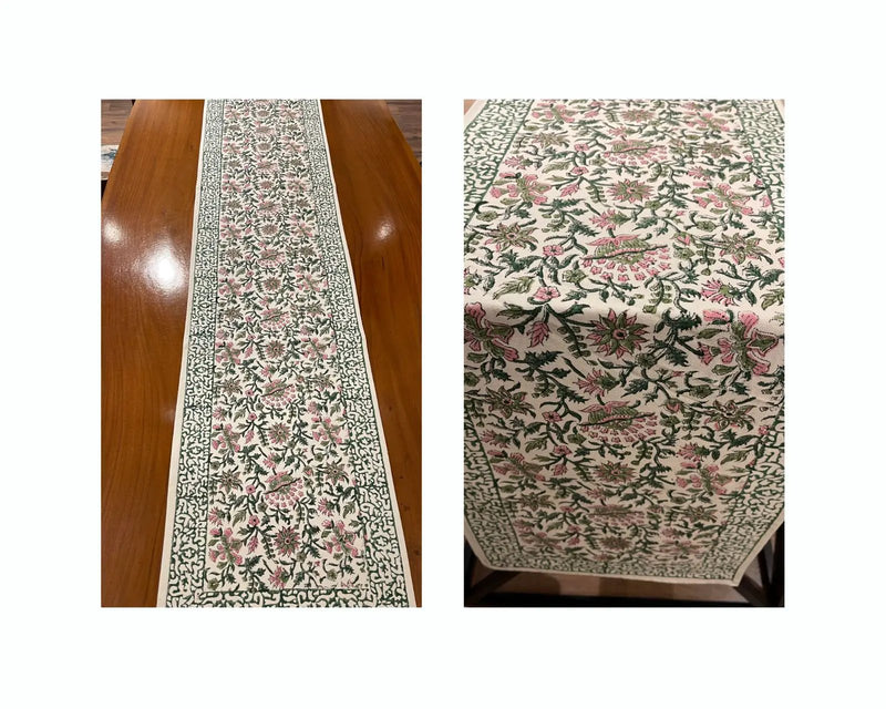 Emerald Green & Pink All-Over Floral Table Linen Set – 13 Piece | Hand Block Printed Cotton | Runner, Placemats & Napkins by House Of Avana