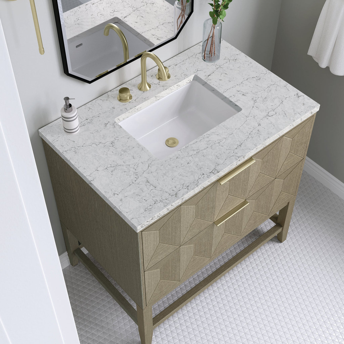 James Martin Emmeline 36" Single Bathroom Vanity, Pebble Oak with Eternal Jasmine Pearl countertop