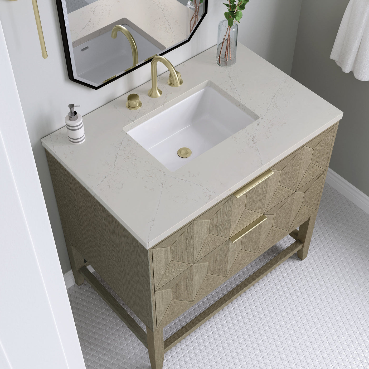 James Martin Emmeline 36" Single Bathroom Vanity, Pebble Oak with Siberian countertop