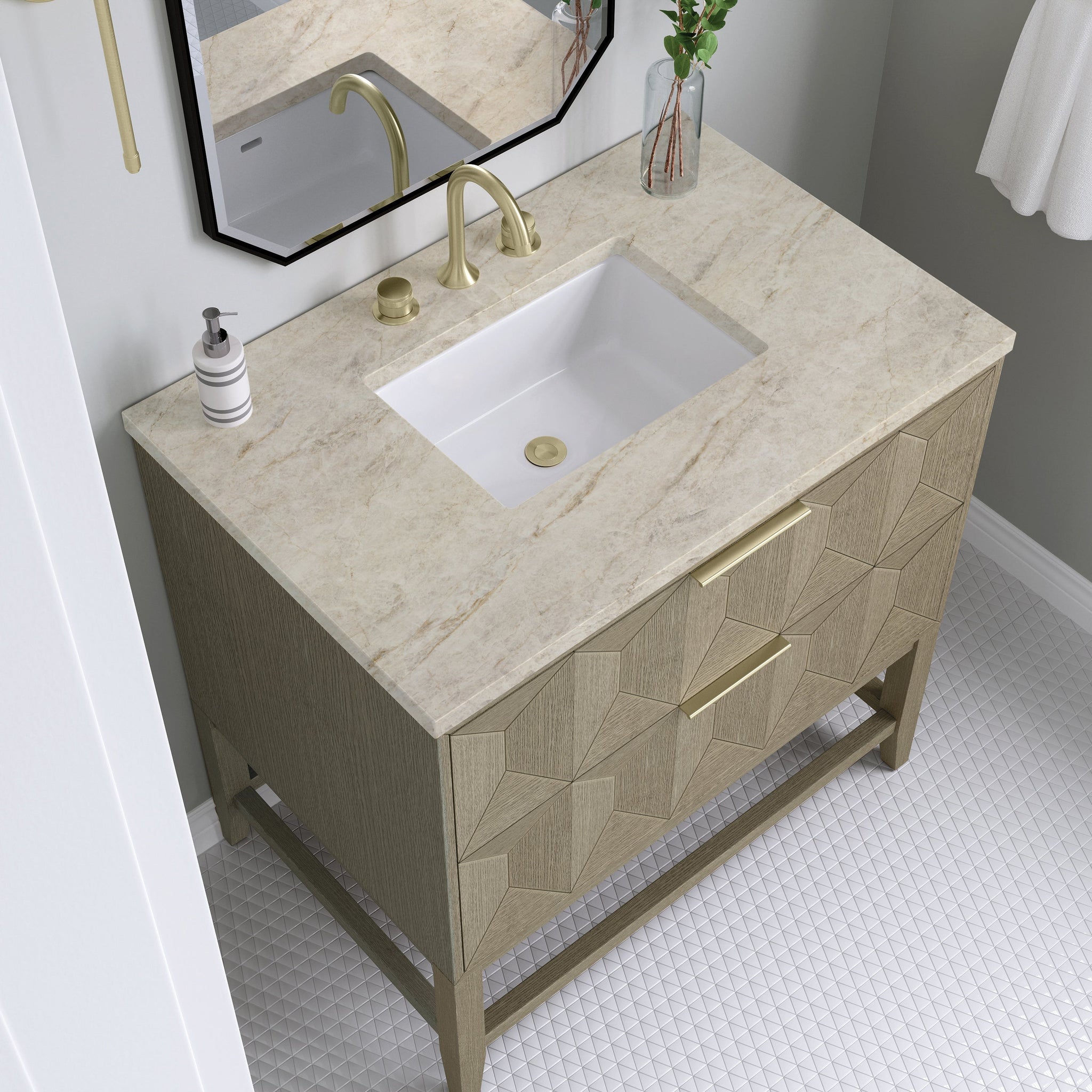 James Martin Emmeline 36" Single Bathroom Vanity, Pebble Oak with Tajnar countertop
