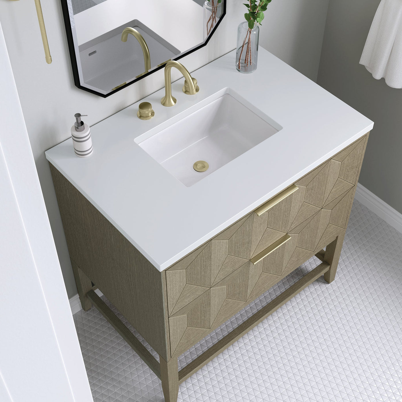 James Martin Emmeline 36" Single Bathroom Vanity, Pebble Oak with White Zeus countertop