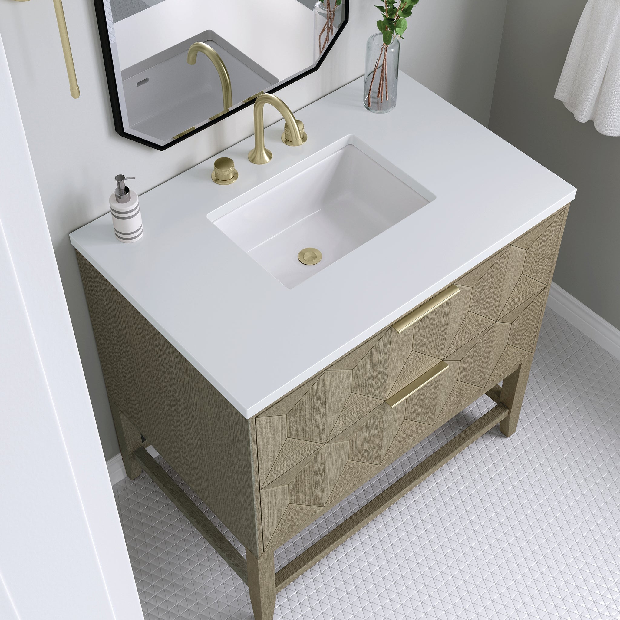 James Martin Emmeline 36" Single Bathroom Vanity, Pebble Oak with White Zeus countertop