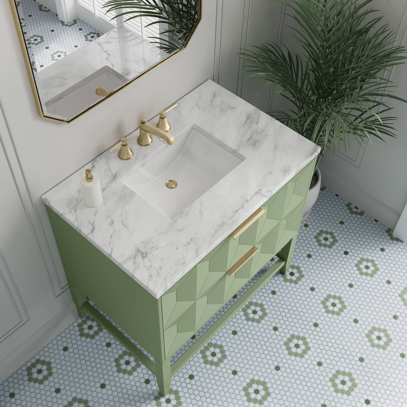 James Martin Emmeline 36" Single Bathroom Vanity, Pistachio with Carrara White countertop