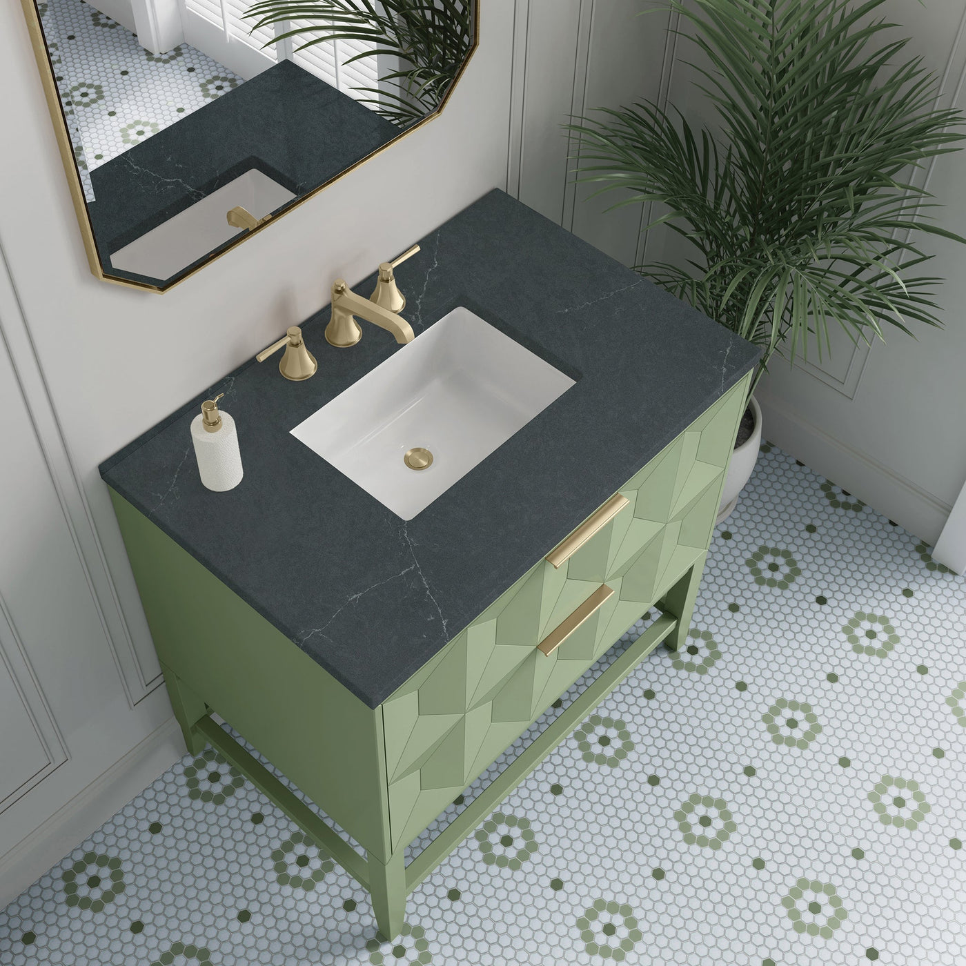 James Martin Emmeline 36" Single Bathroom Vanity, Pistachio with Charcoal Soapstone countertop