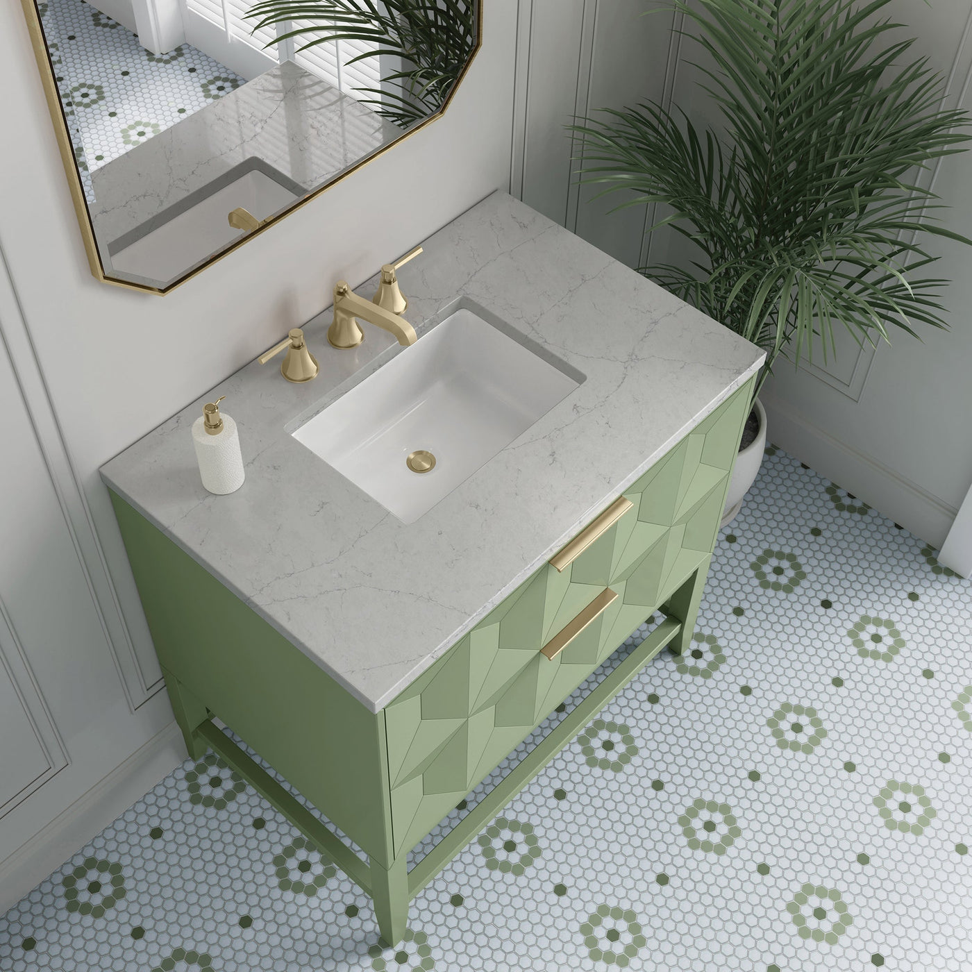 James Martin Emmeline 36" Single Bathroom Vanity, Pistachio with Eternal Jasmine Pearl countertop