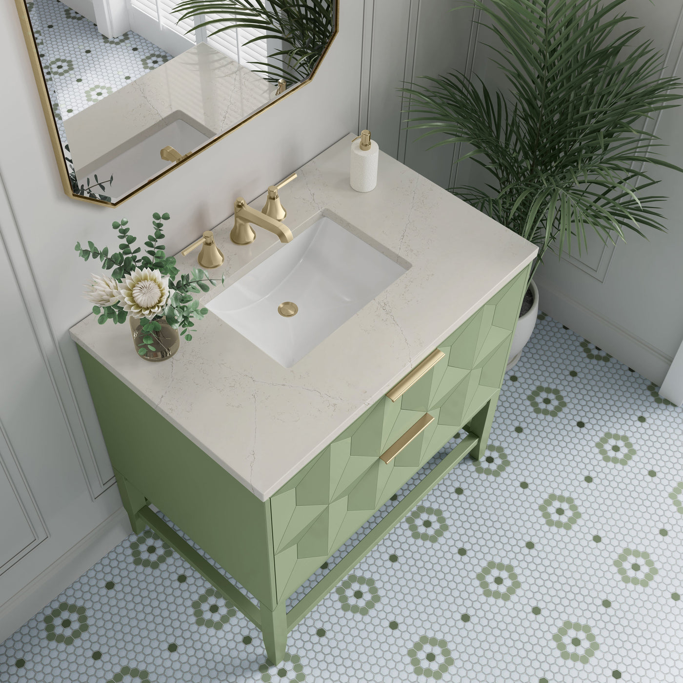 James Martin Emmeline 36" Single Bathroom Vanity, Pistachio with Siberian countertop