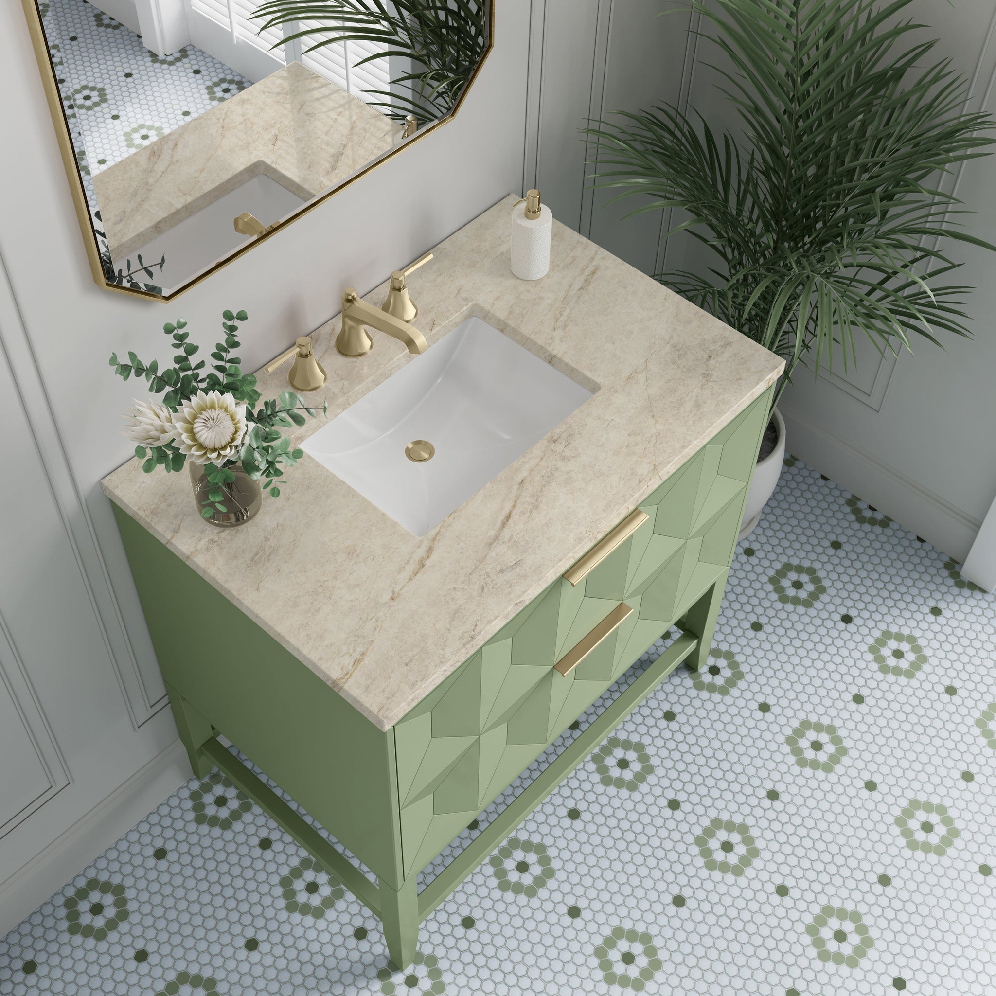 James Martin Emmeline 36" Single Bathroom Vanity, Pistachio with Tajnar countertop
