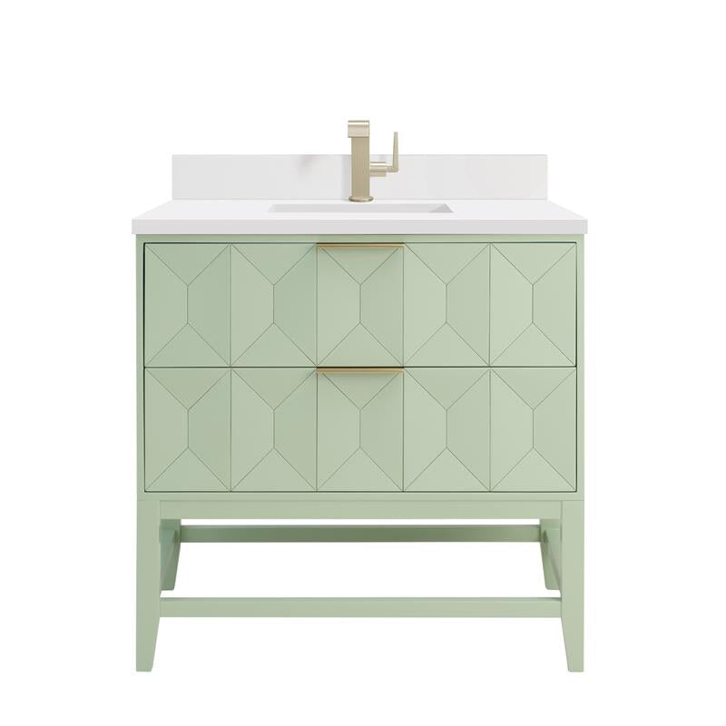 James Martin Emmeline 36" Single Bathroom Vanity, Pistachio with White Zeus (Single Hole, with Backsplash) countertop