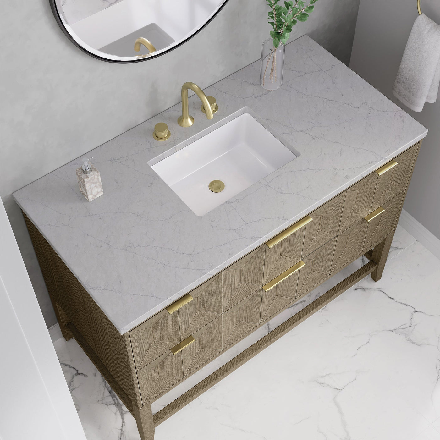 James Martin Emmeline 48" Single Bathroom Vanity, Pebble Oak with Eternal Jasmine Pearl countertop