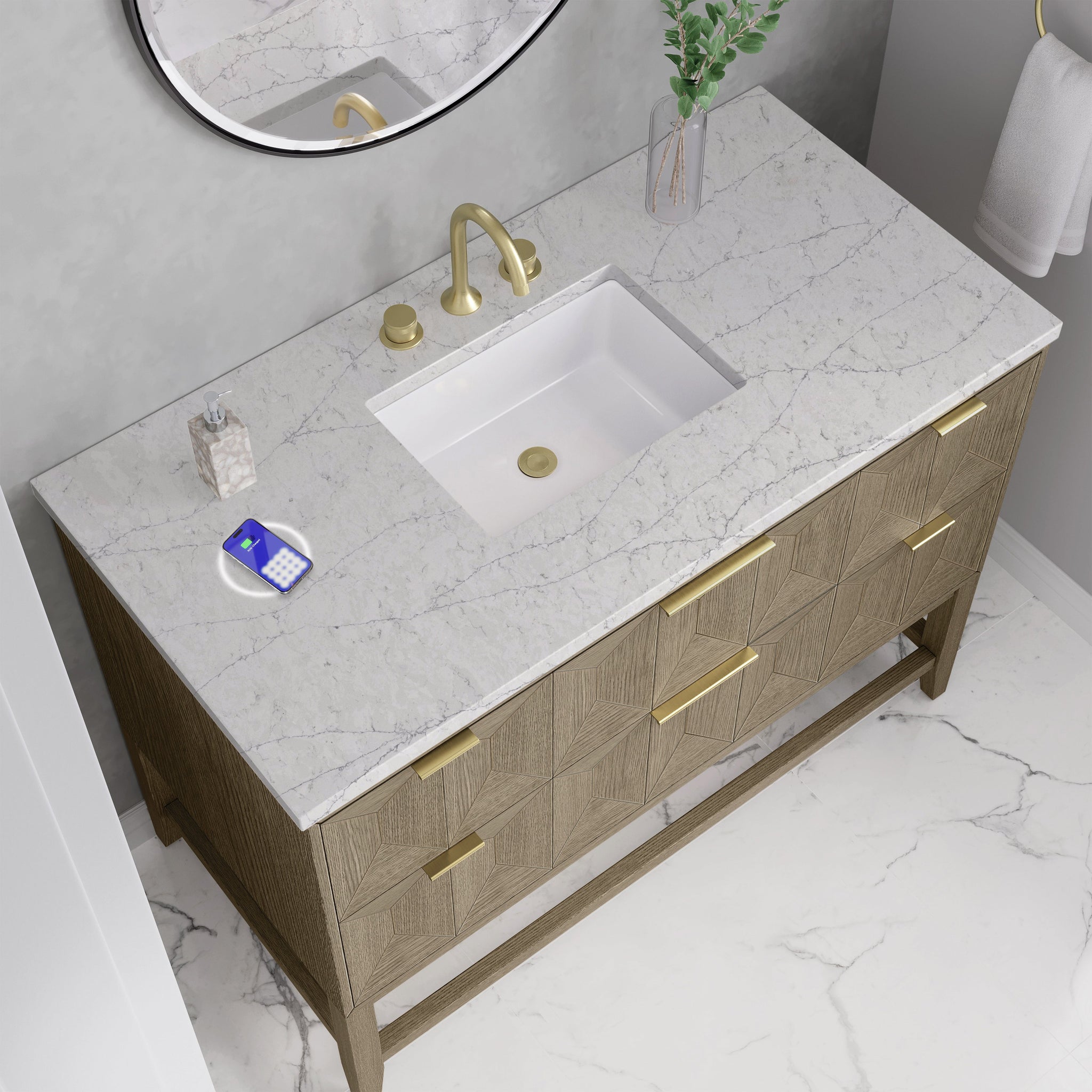 James Martin Emmeline 48" Single Bathroom Vanity, Pebble Oak with Eternal Jasmine Pearl (FreePower) countertop