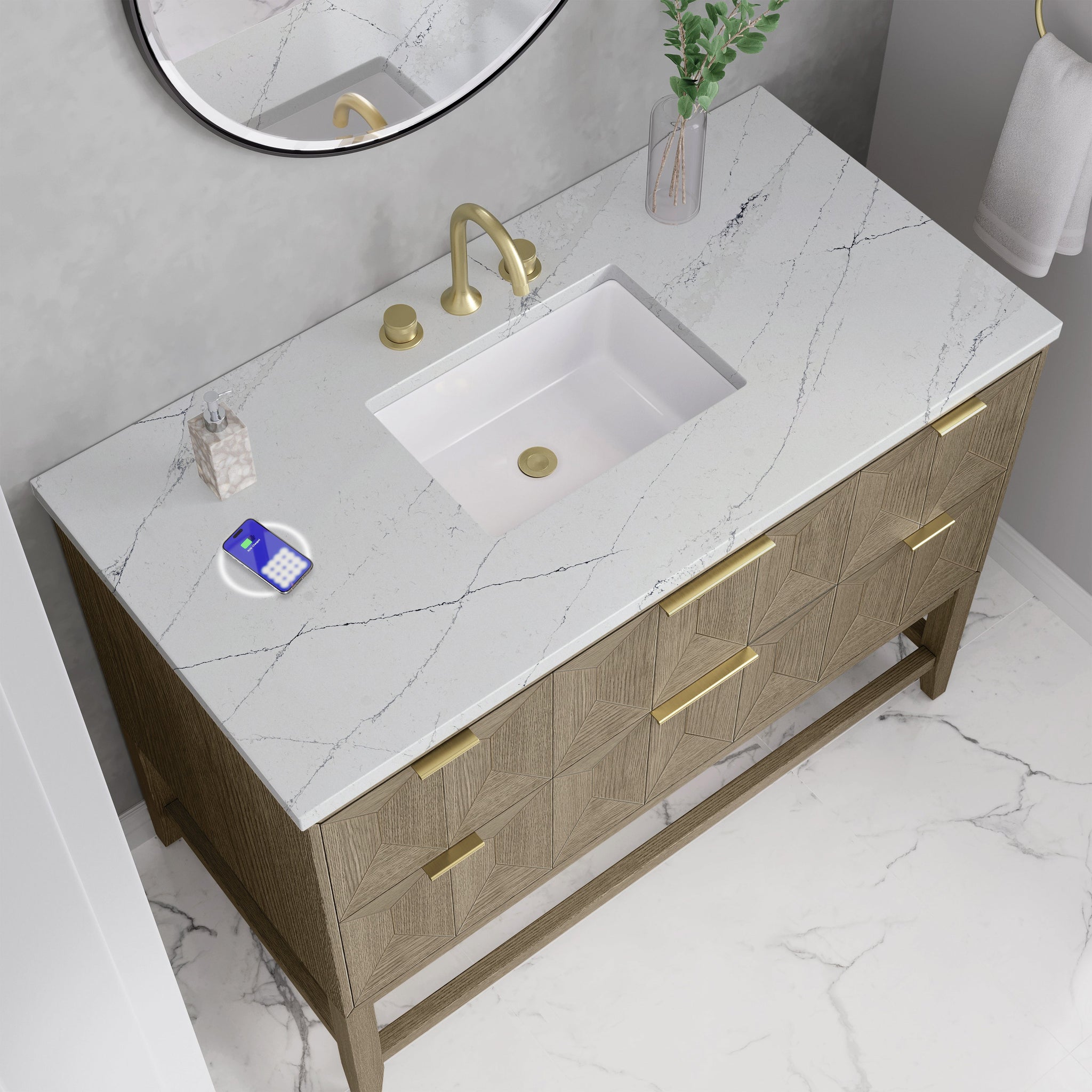 James Martin Emmeline 48" Single Bathroom Vanity, Pebble Oak with Ethereal Noctis (FreePower) countertop
