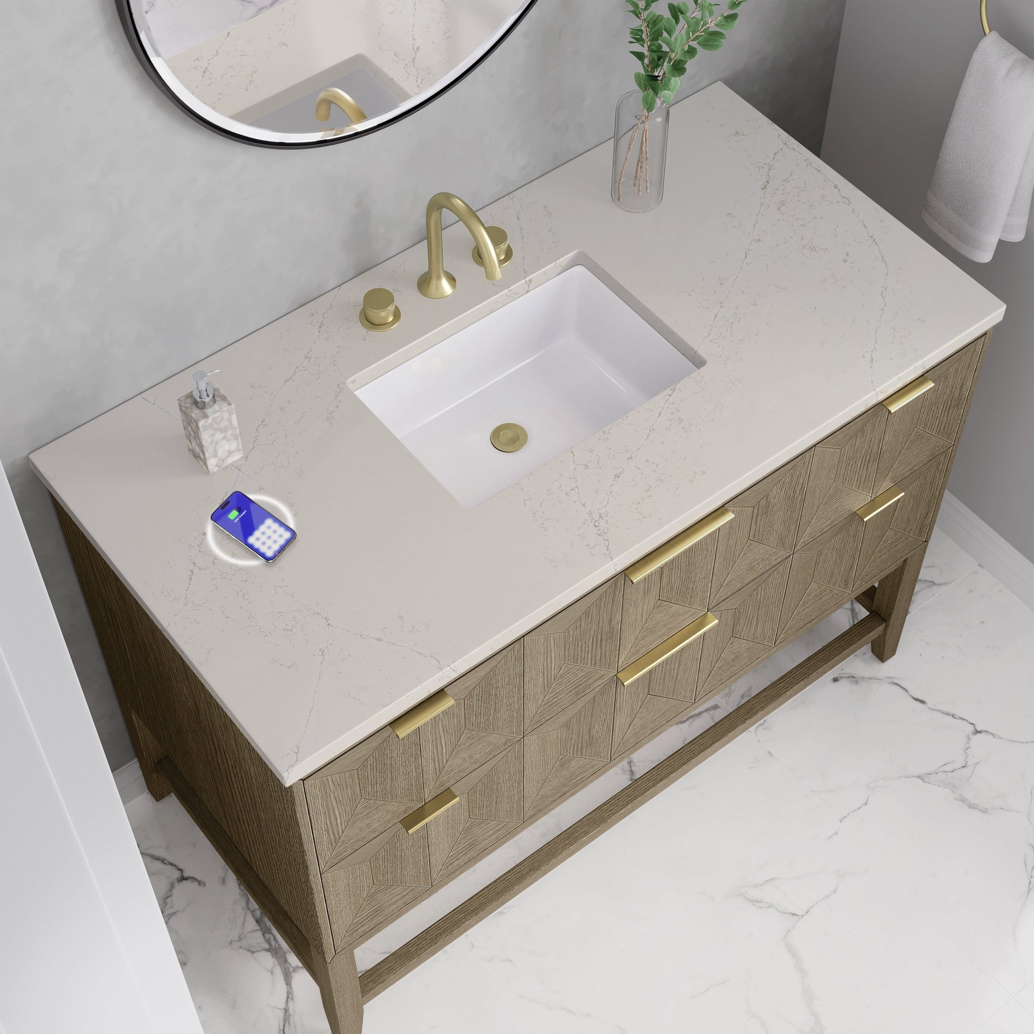 James Martin Emmeline 48" Single Bathroom Vanity, Pebble Oak with Siberian (FreePower) countertop
