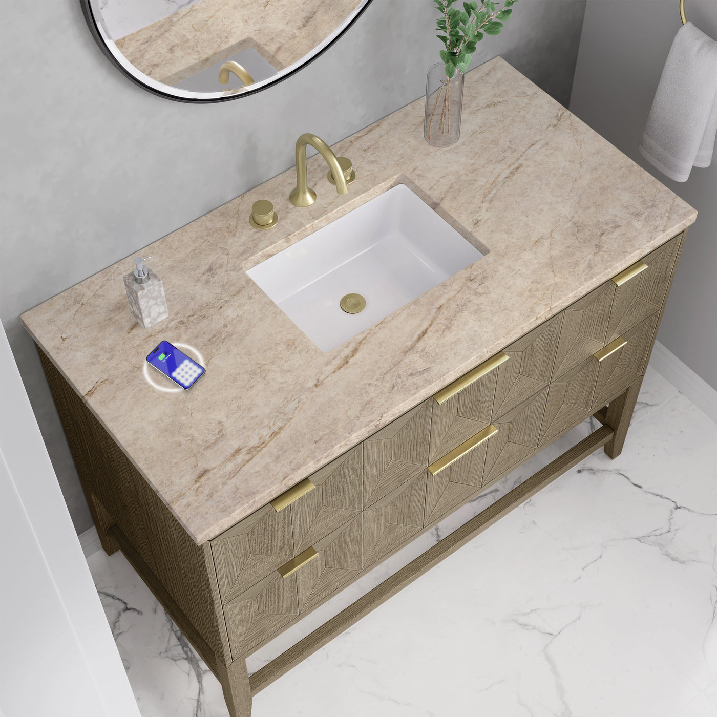 James Martin Emmeline 48" Single Bathroom Vanity, Pebble Oak with Tajnar (FreePower) countertop
