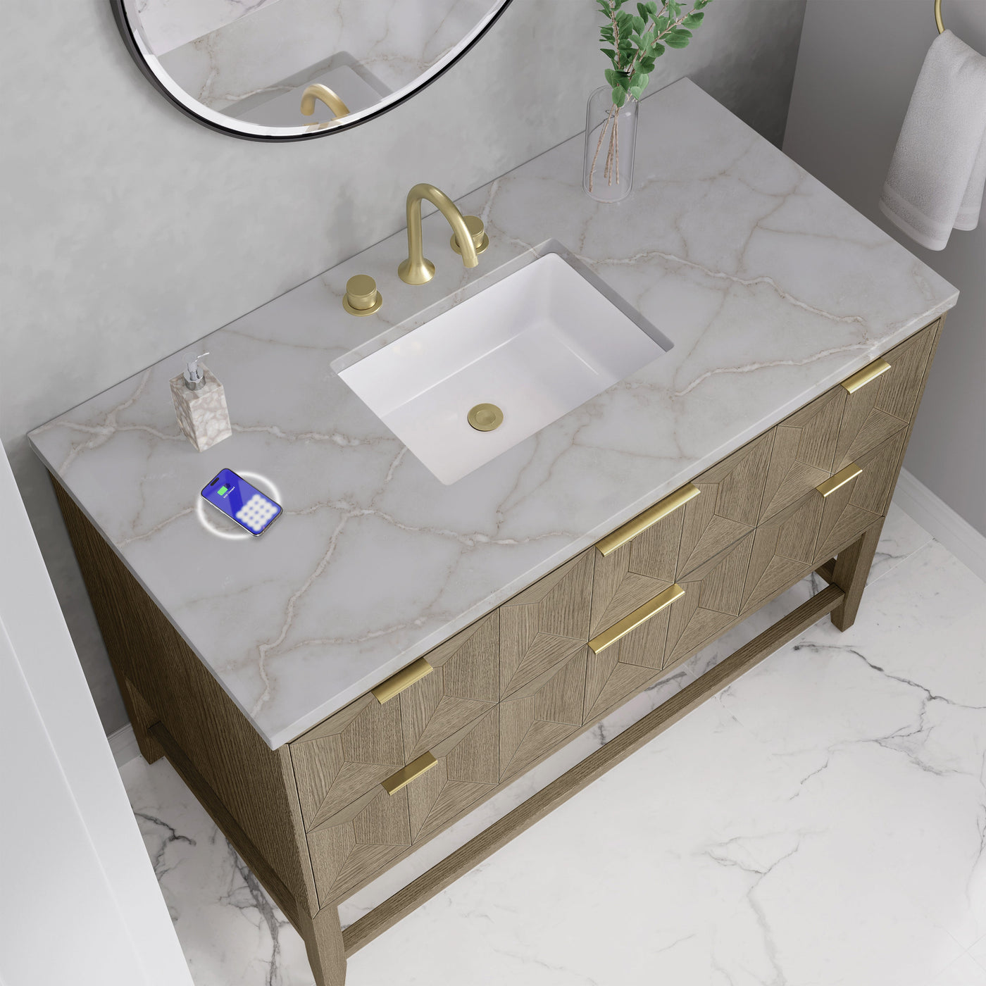 James Martin Emmeline 48" Single Bathroom Vanity, Pebble Oak with Victorian Silver (FreePower) countertop