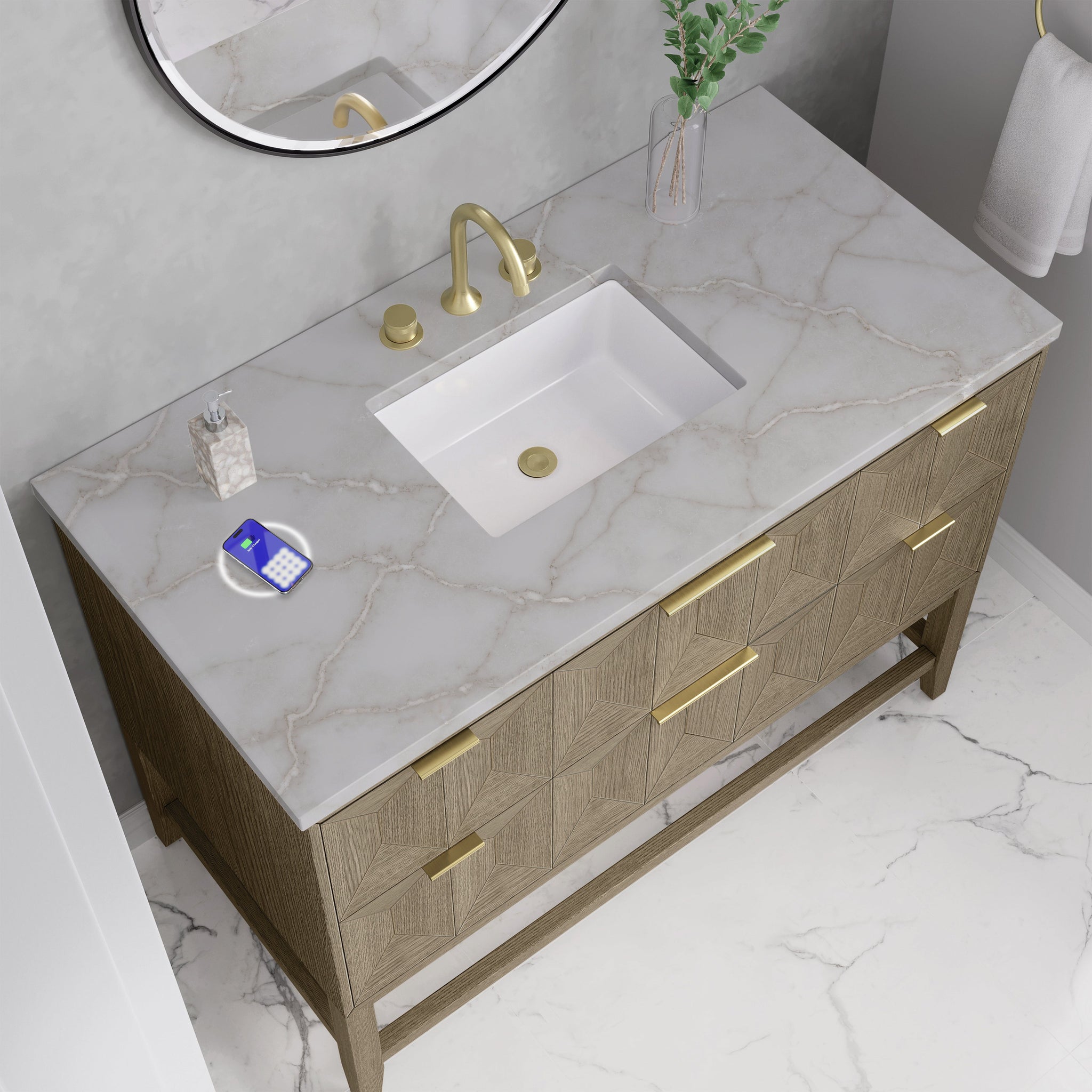 James Martin Emmeline 48" Single Bathroom Vanity, Pebble Oak with Victorian Silver (FreePower) countertop