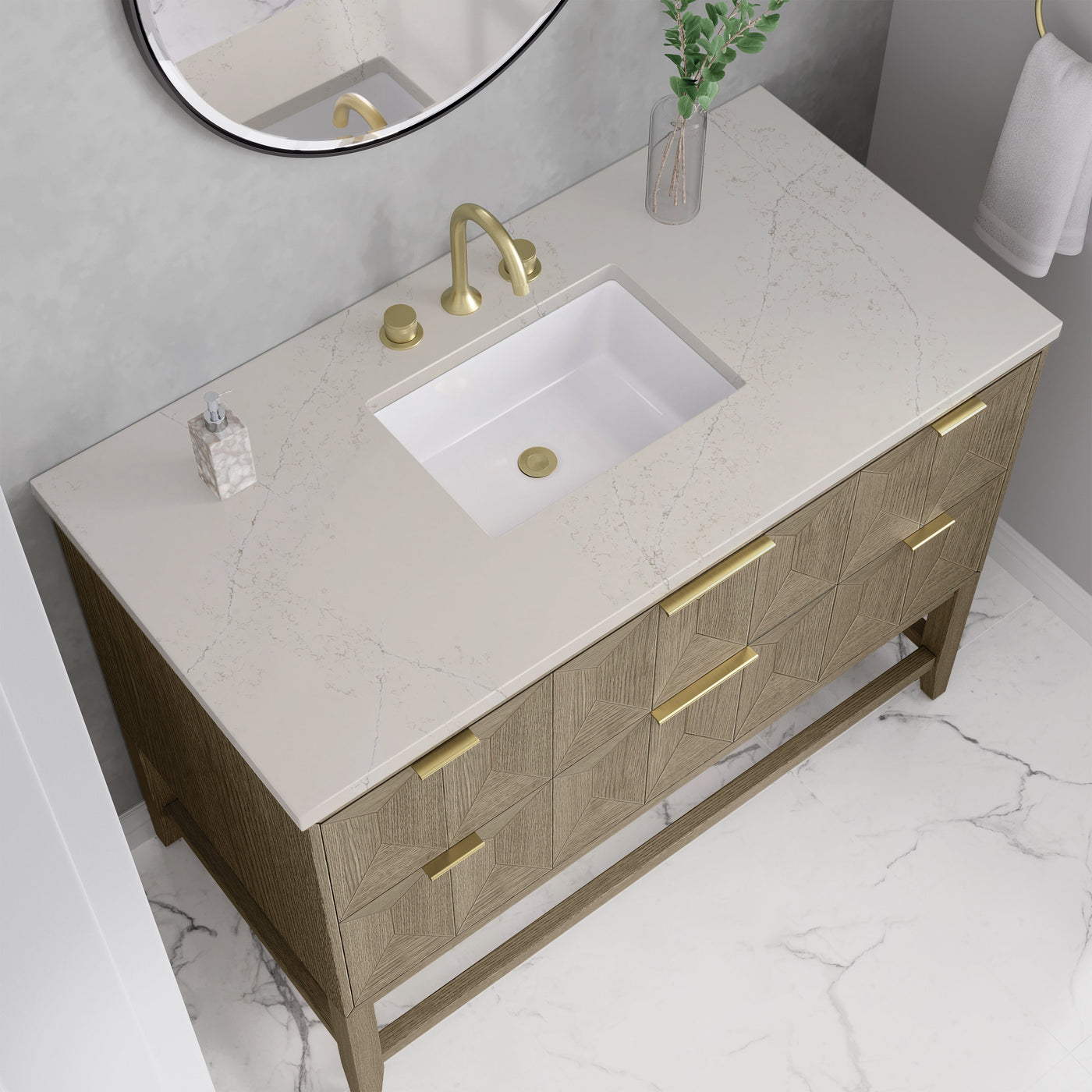 James Martin Emmeline 48" Single Bathroom Vanity, Pebble Oak with Siberian countertop