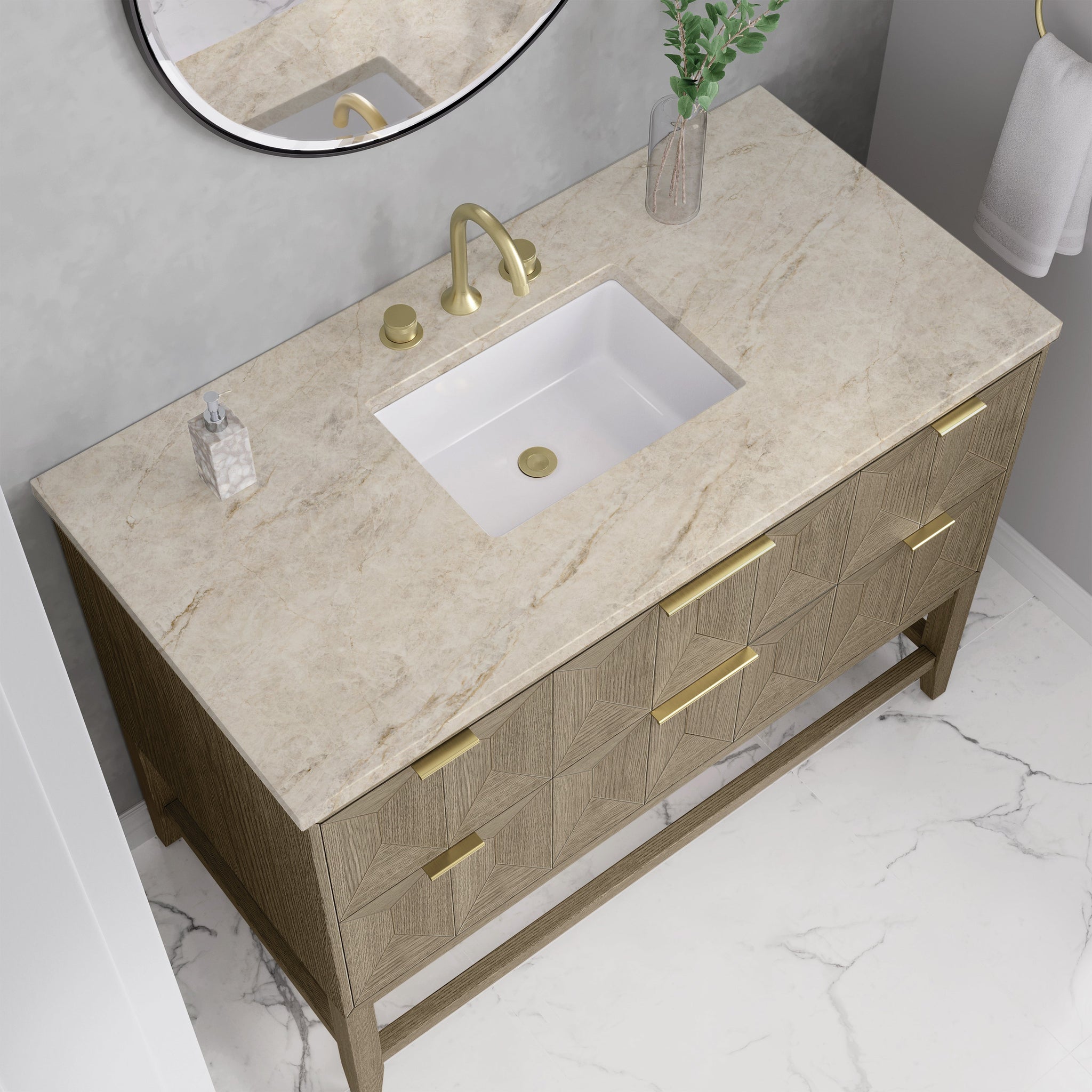 James Martin Emmeline 48" Single Bathroom Vanity, Pebble Oak with Tajnar countertop