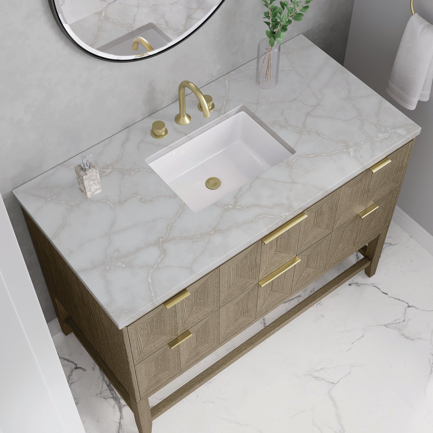 James Martin Emmeline 48" Single Bathroom Vanity, Pebble Oak with Victorian Silver countertop