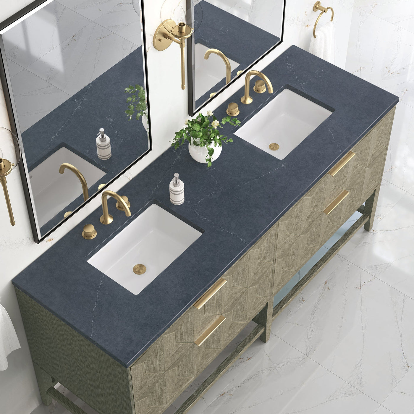 James Martin Emmeline 72" Double Bathroom Vanity, Pebble Oak with Charcoal Soapstone countertop