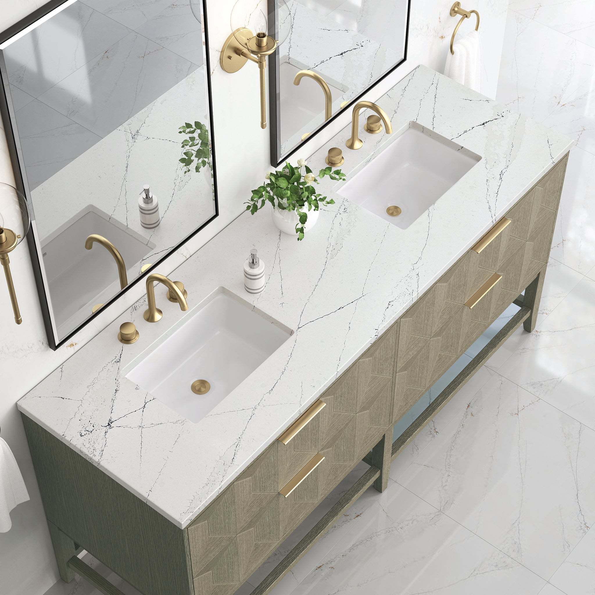 James Martin Emmeline 72" Double Bathroom Vanity, Pebble Oak with Ethereal Noctis countertop