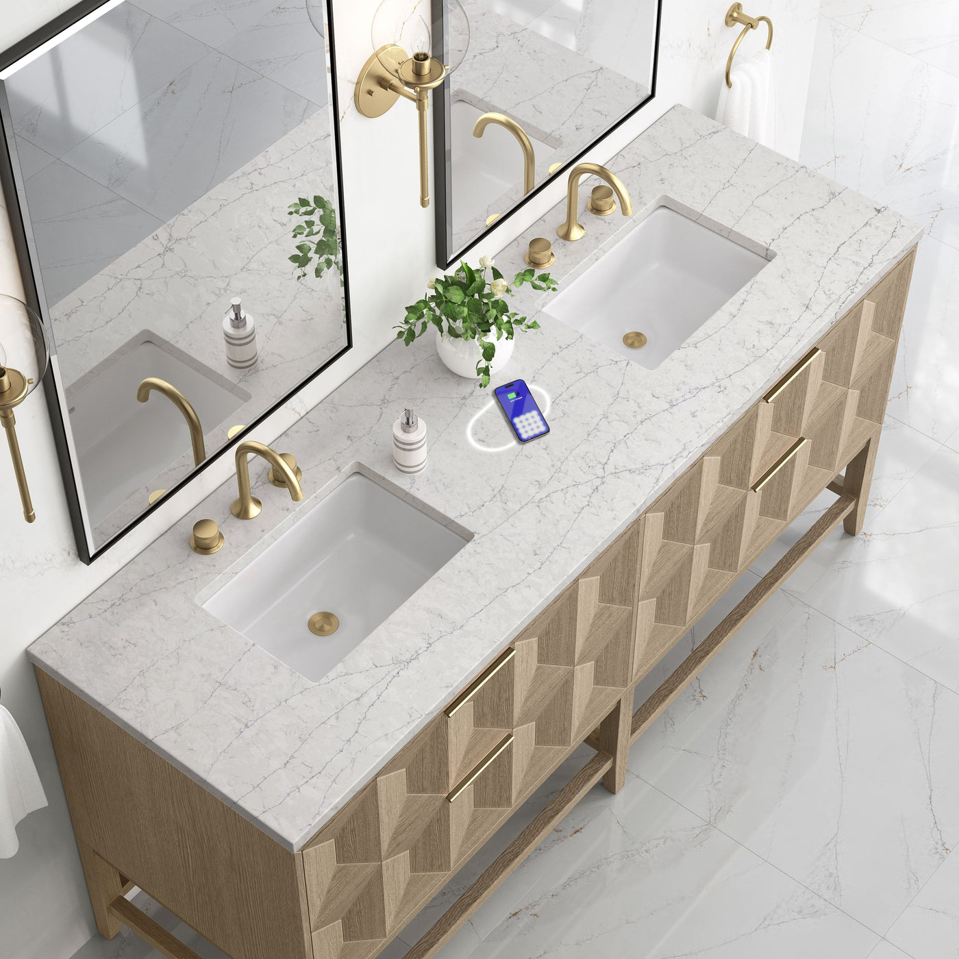 James Martin Emmeline 72" Double Bathroom Vanity, Pebble Oak with Eternal Jasmine Pearl (FreePower) countertop