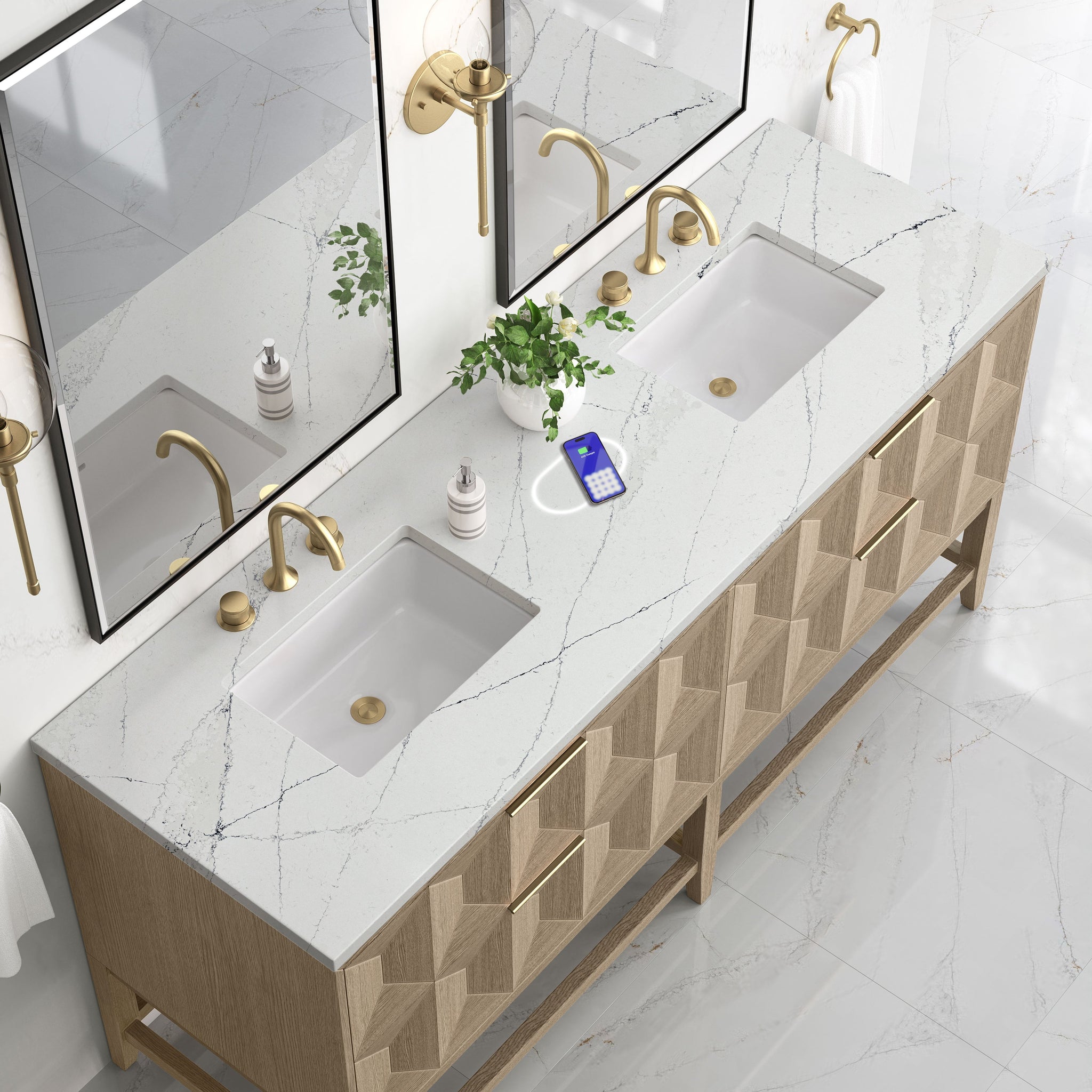 James Martin Emmeline 72" Double Bathroom Vanity, Pebble Oak with Ethereal Noctis (FreePower) countertop