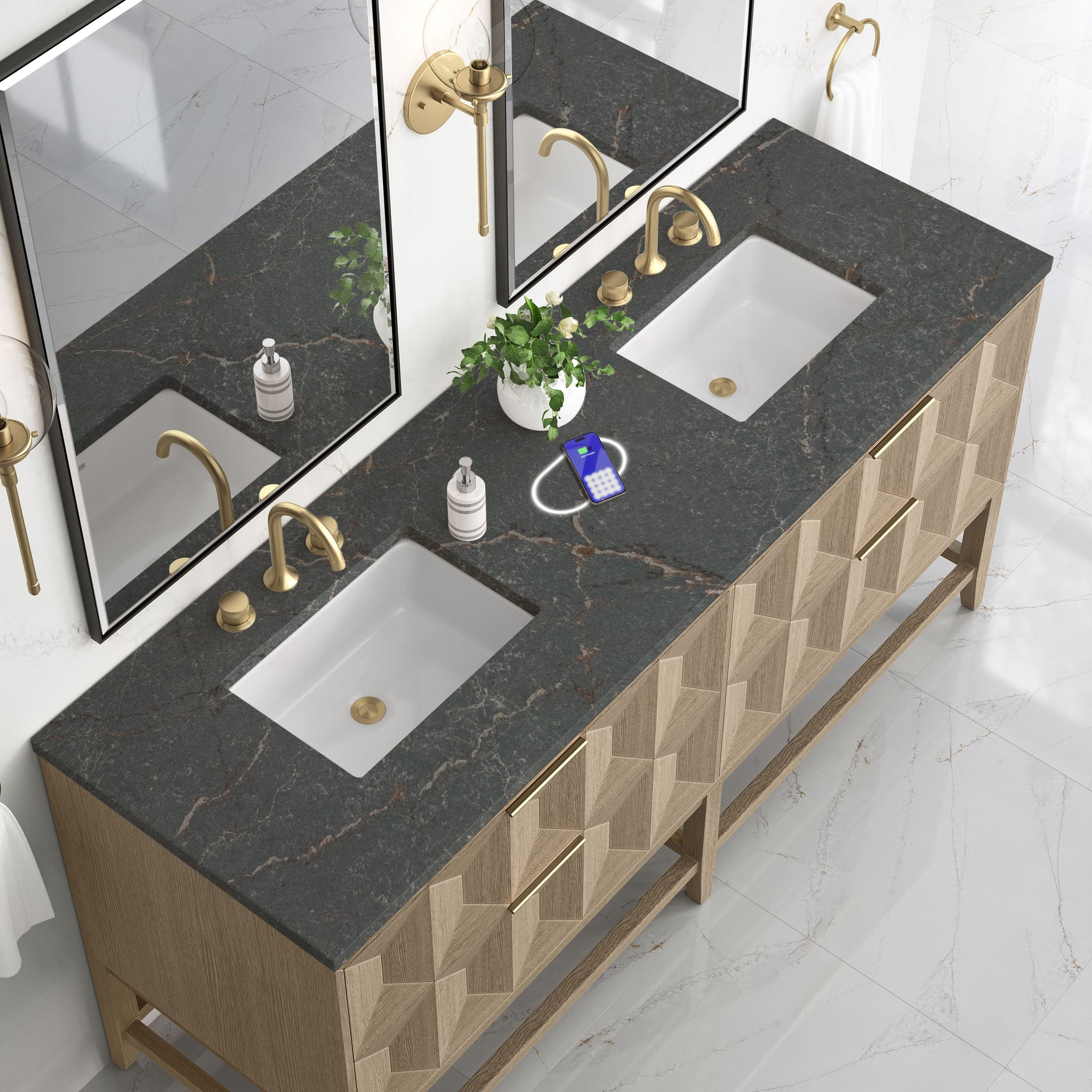 James Martin Emmeline 72" Double Bathroom Vanity, Pebble Oak with Parisien Bleu (FreePower) countertop
