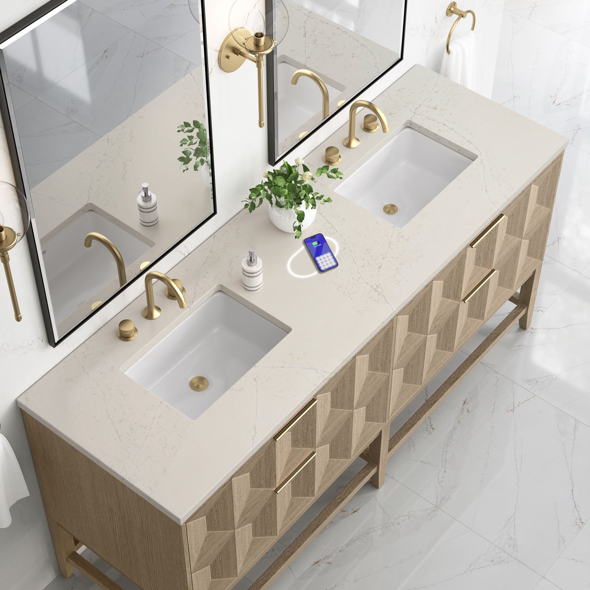 James Martin Emmeline 72" Double Bathroom Vanity, Pebble Oak with Siberian (FreePower) countertop