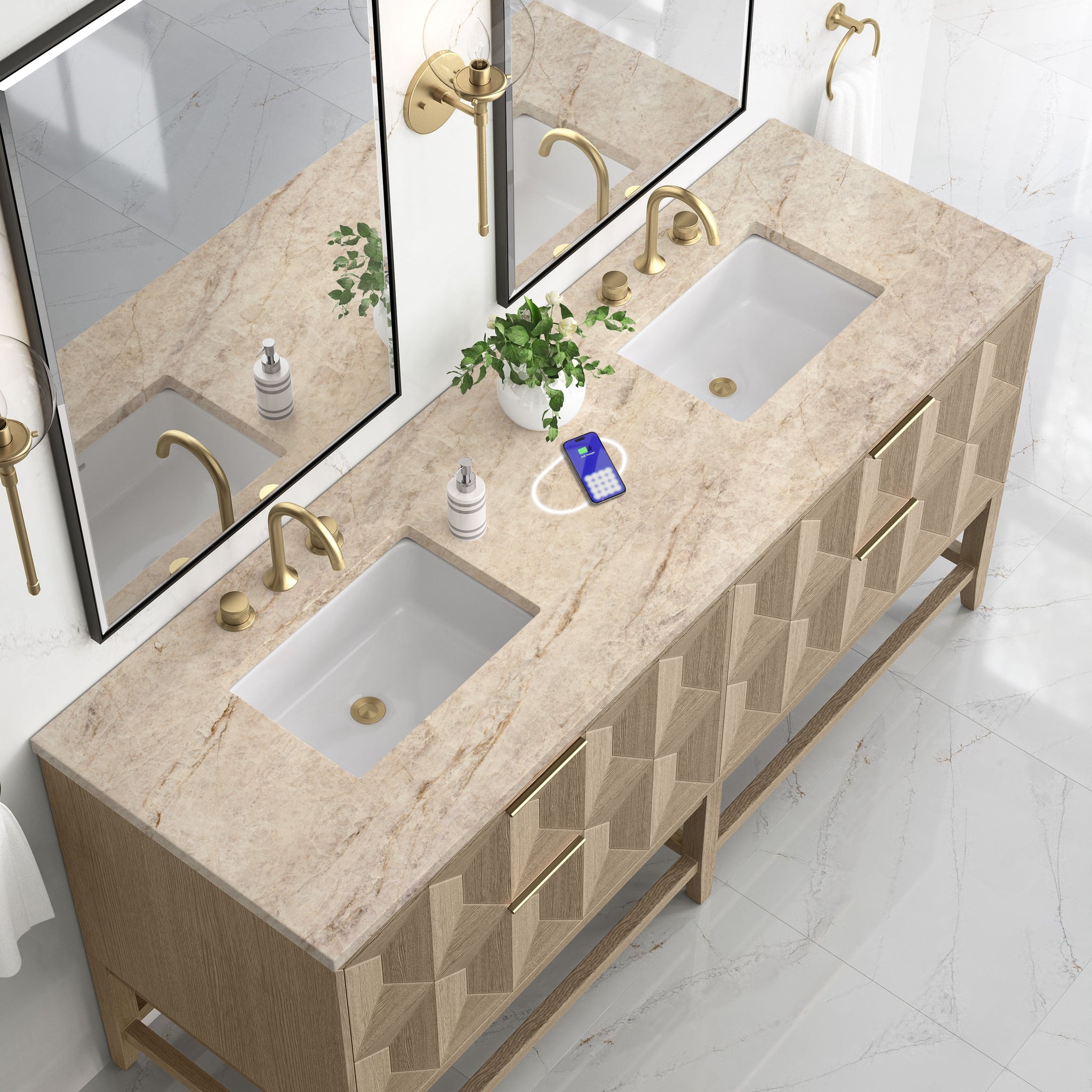 James Martin Emmeline 72" Double Bathroom Vanity, Pebble Oak with Tajnar (FreePower) countertop