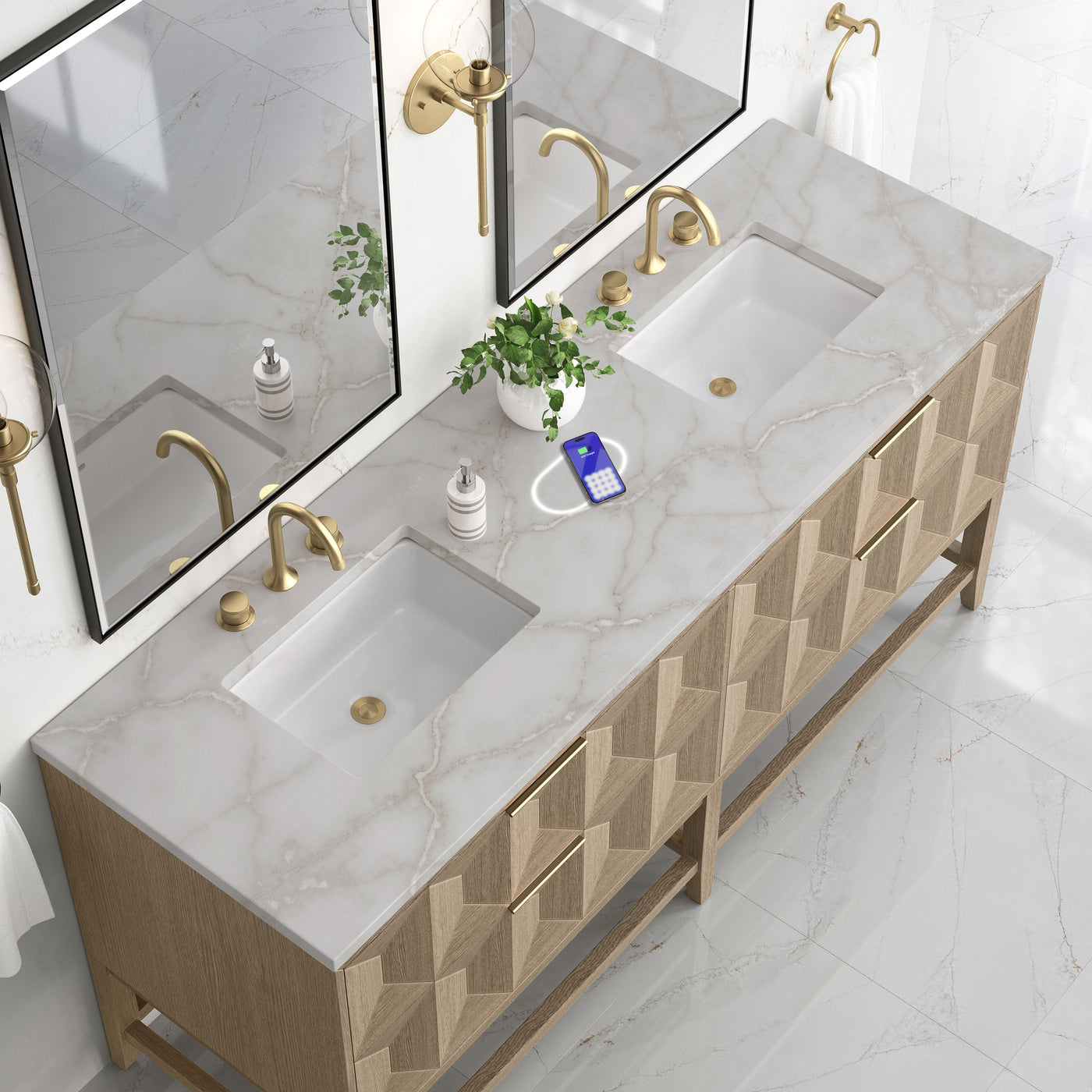 James Martin Emmeline 72" Double Bathroom Vanity, Pebble Oak with Victorian Silver (FreePower) countertop