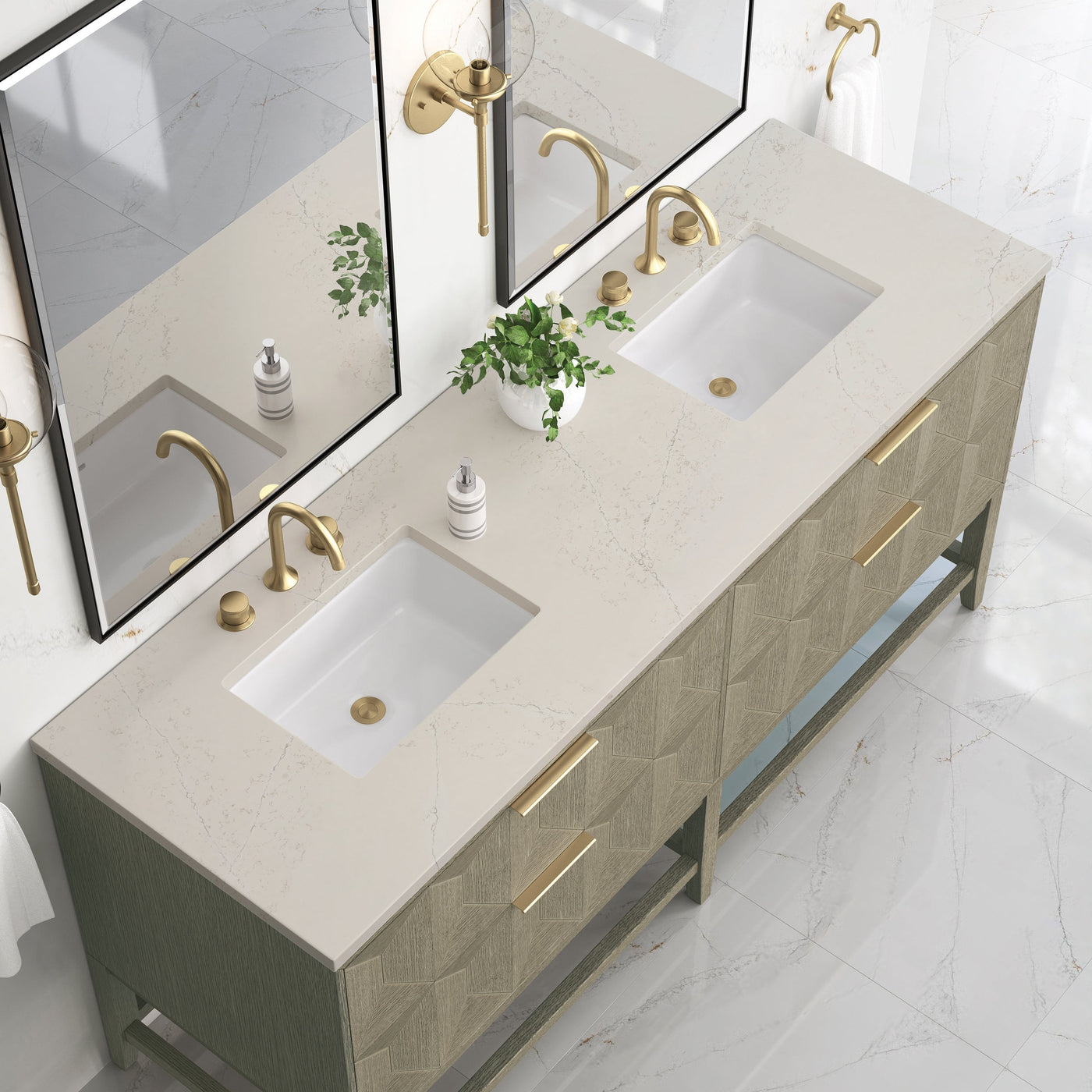 James Martin Emmeline 72" Double Bathroom Vanity, Pebble Oak with Siberian countertop