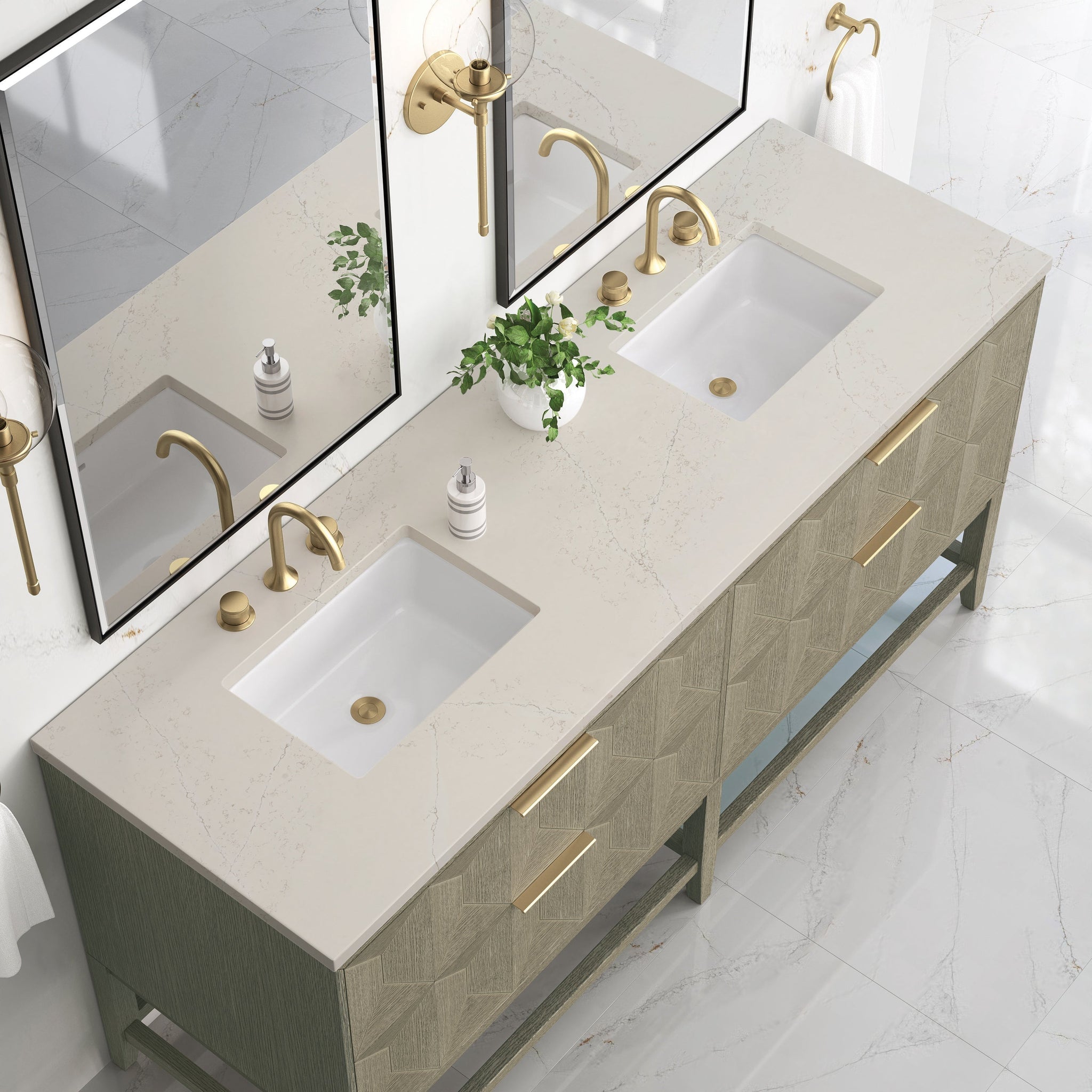James Martin Emmeline 72" Double Bathroom Vanity, Pebble Oak with Siberian countertop